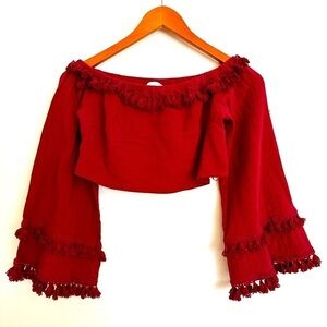 Skylar+Madison Burgundy Crop Top Long Sleeve Tassels Size Large
